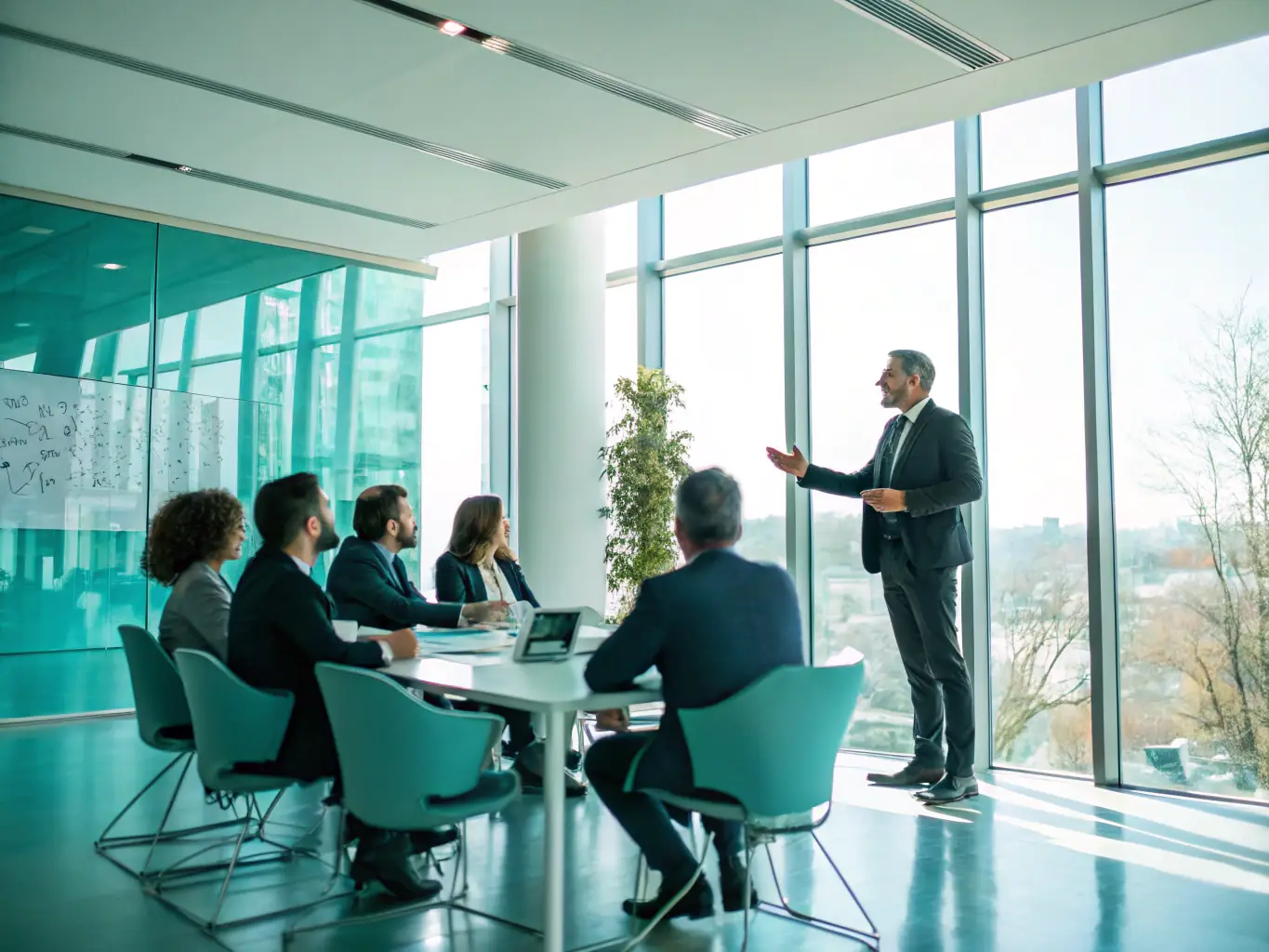 A photo of a confident business leader conducting a workshop with team members, illustrating Leadership Development.