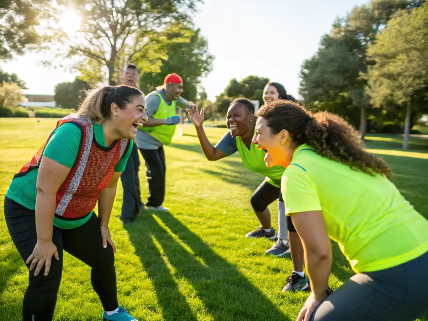 An image of a happy team participating in a motivational workshop outdoors, representing Employee Engagement Strategies.