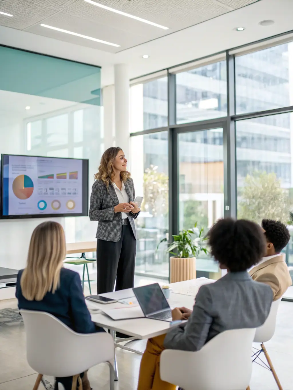 A confident business leader giving a presentation to their team, showcasing strong leadership skills and strategic vision in a South African setting.