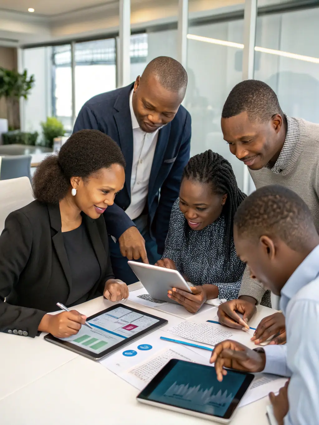 A diverse team brainstorming around a table in a modern office, representing collaborative problem-solving in a South African business environment.